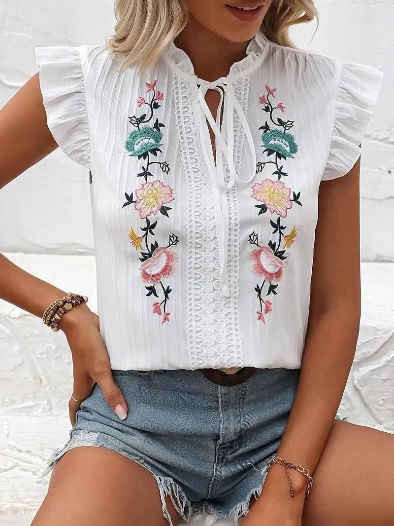 Delilah - Vintage Blouse with Embroidered Ruffle Sleeves and Floral Detail