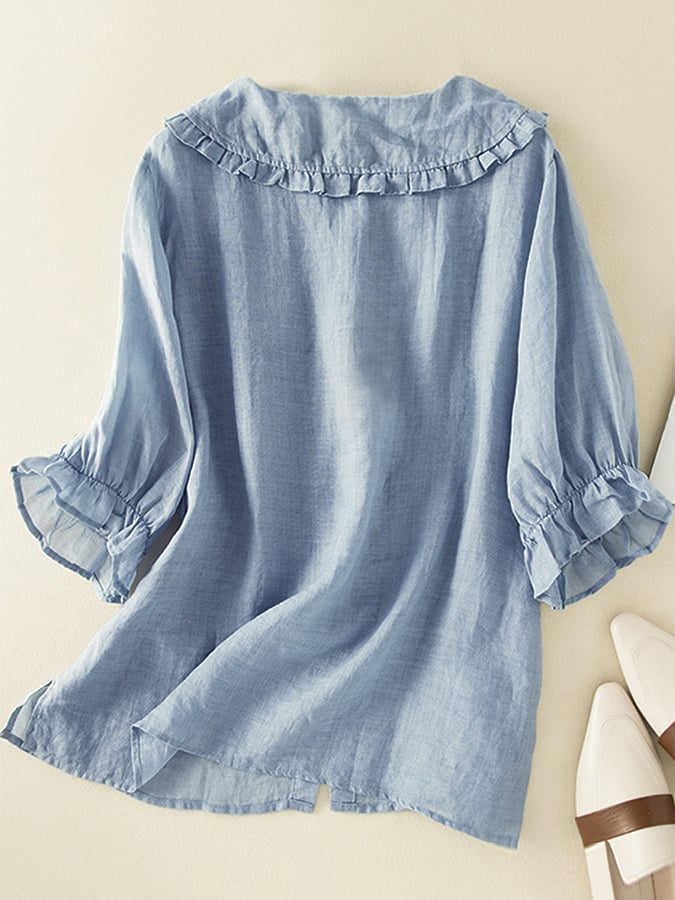 Clover- Stylish Women's Cotton Linen Loose Shirt with Peter Pan Ruffles