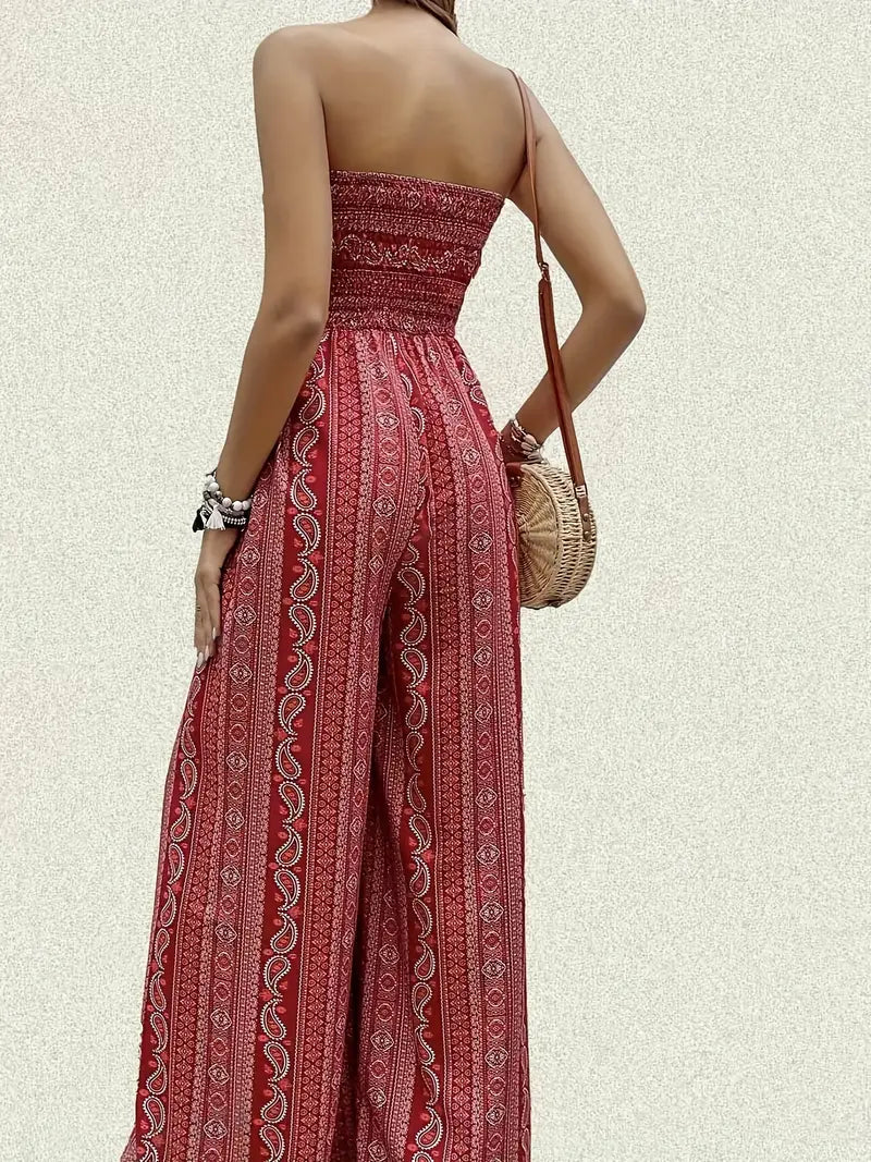 Zella - Bohemian Strapless Wide-Leg Jumpsuit with High Side Slit