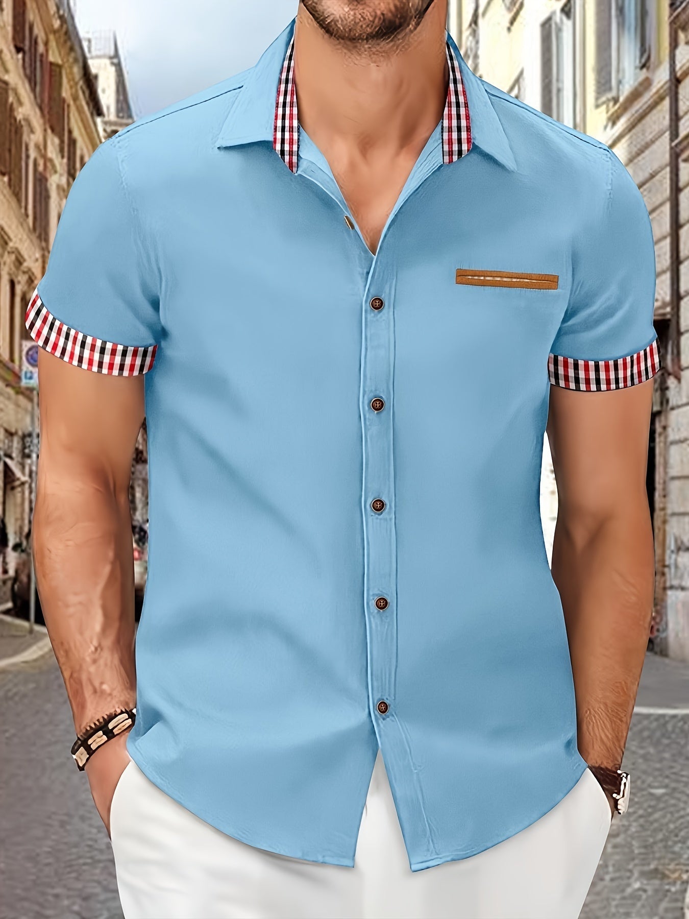 Joel - Stylish Men's Short-Sleeved Shirt with Decorative Chest Pocket