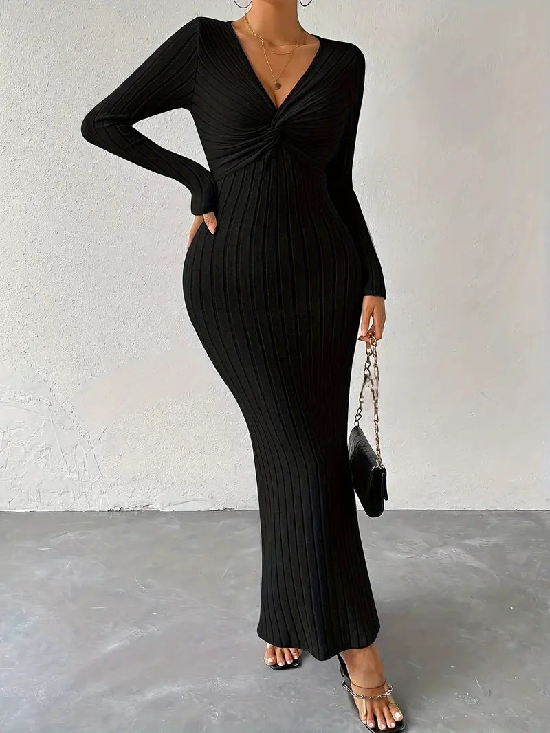 Ottilie - Chic Sexy Knitted Maxi Dress with Twisted Front and Deep V-neck