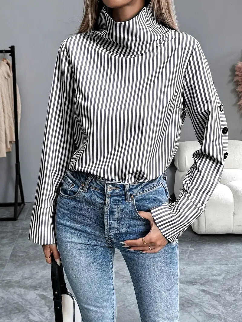 Kathleen - Stylish Striped Blouse with High Collar and Button Cuffs