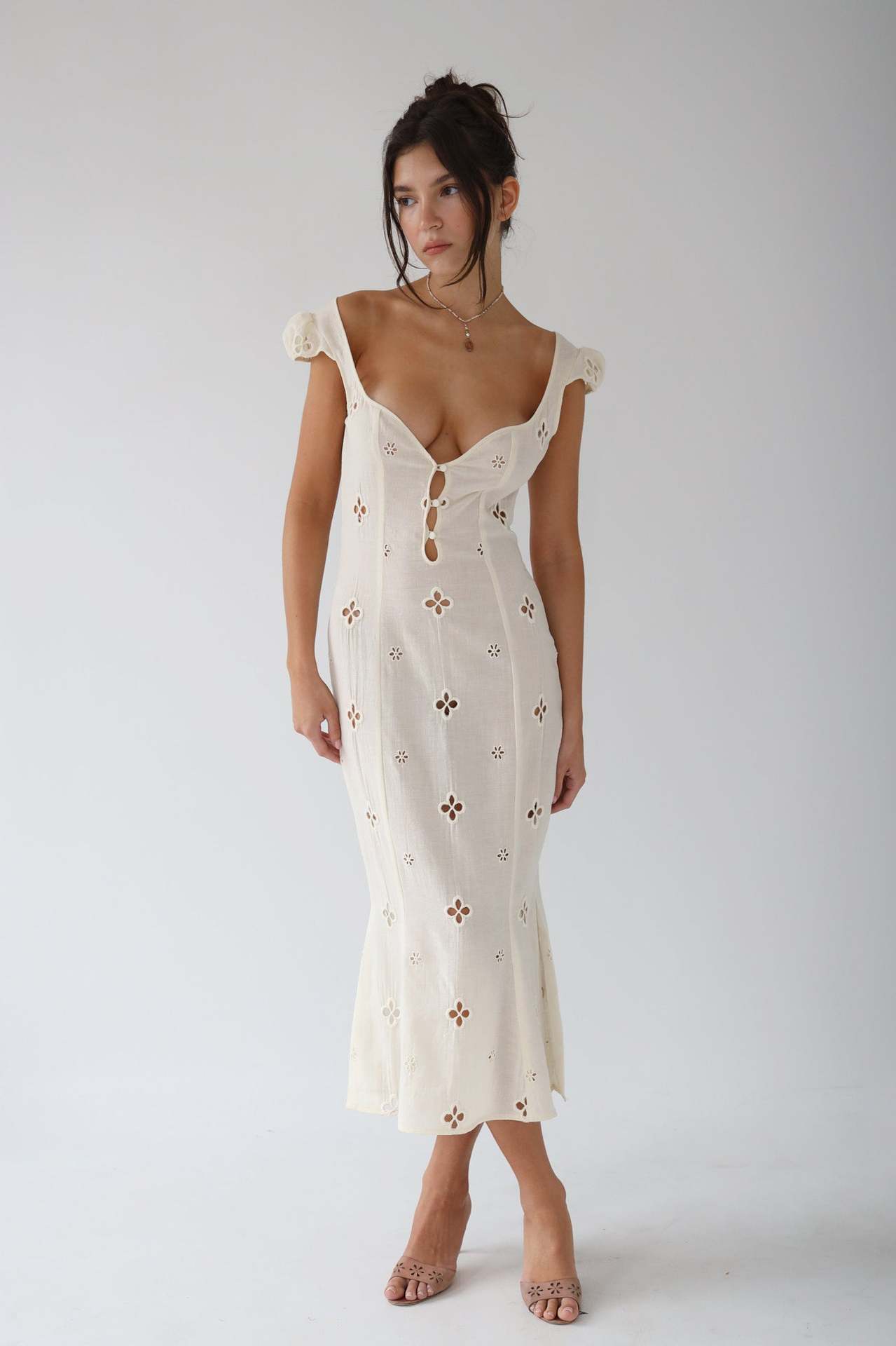 Isabella - Vintage Embroidered Fishtail Midi Dress with Puff Sleeves