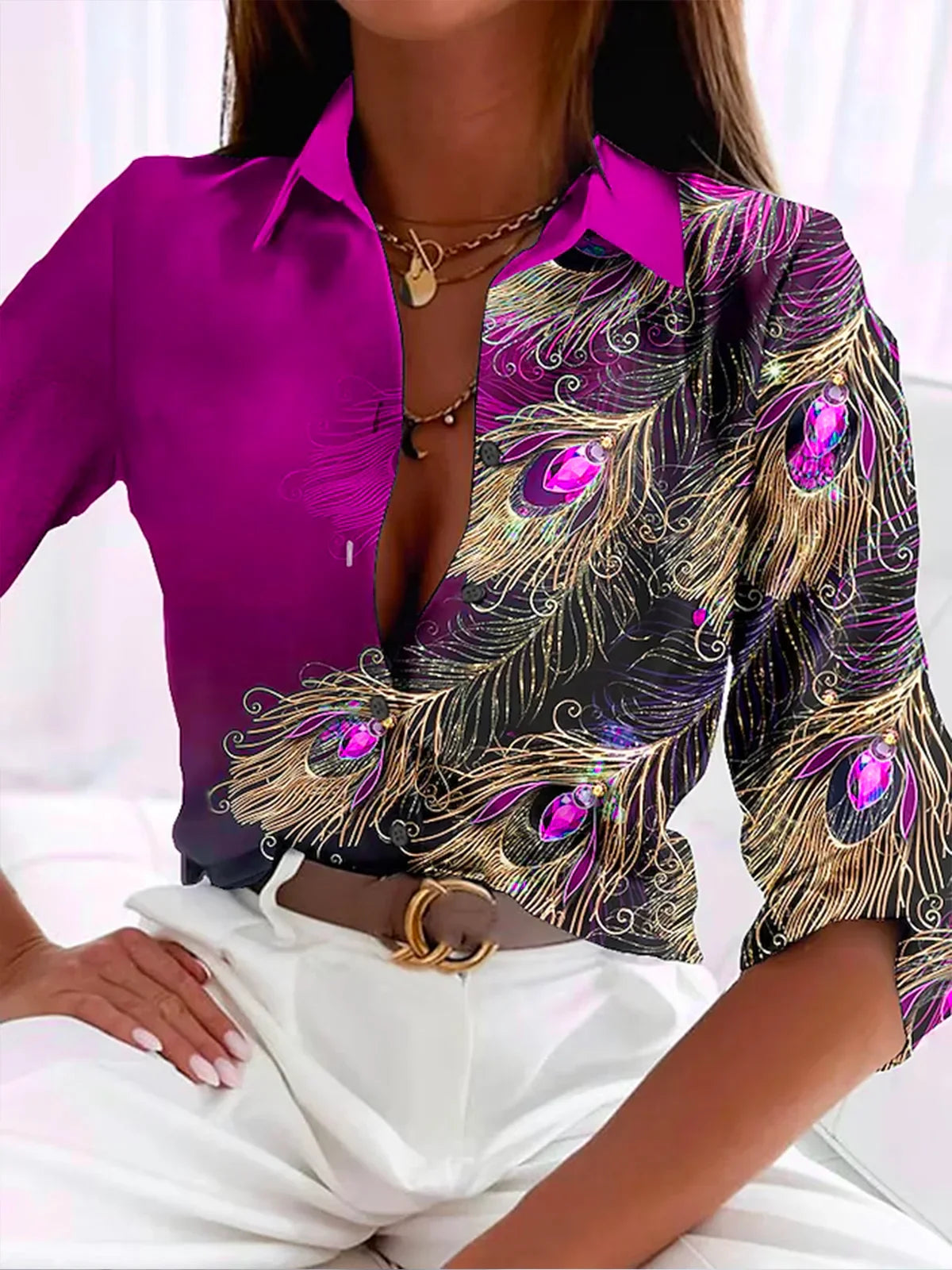 Brigitta- Elegant Women's Feather Print Blouse in Vibrant Colors