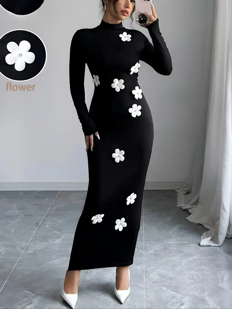 Quinby - Elegant Black Midi Dress with 3D Floral Appliqués
