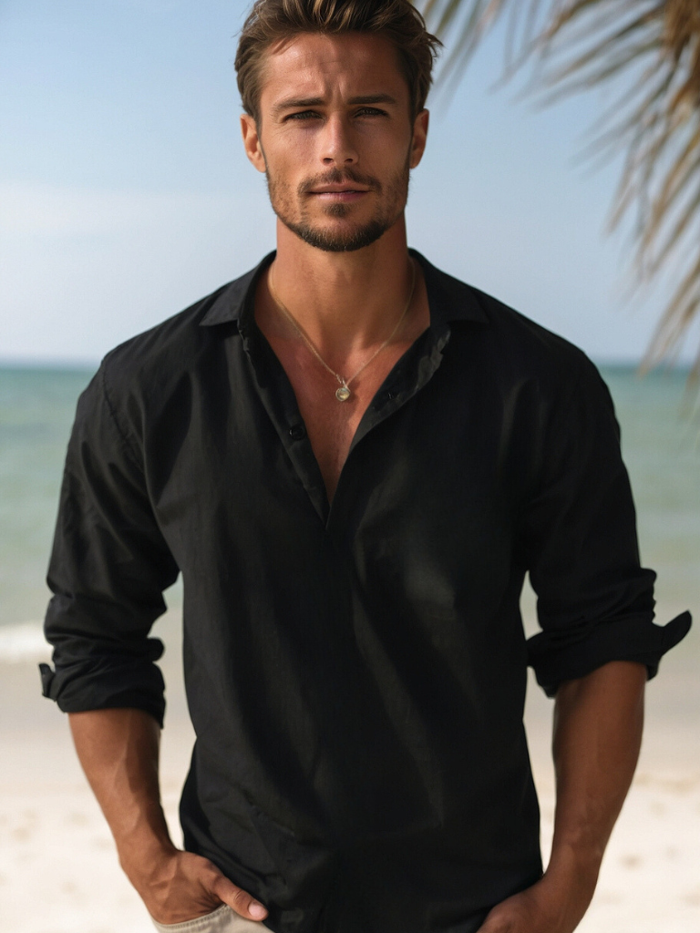 Terrence - Mens Open Collar Summer Shirt Linen Blend Casual