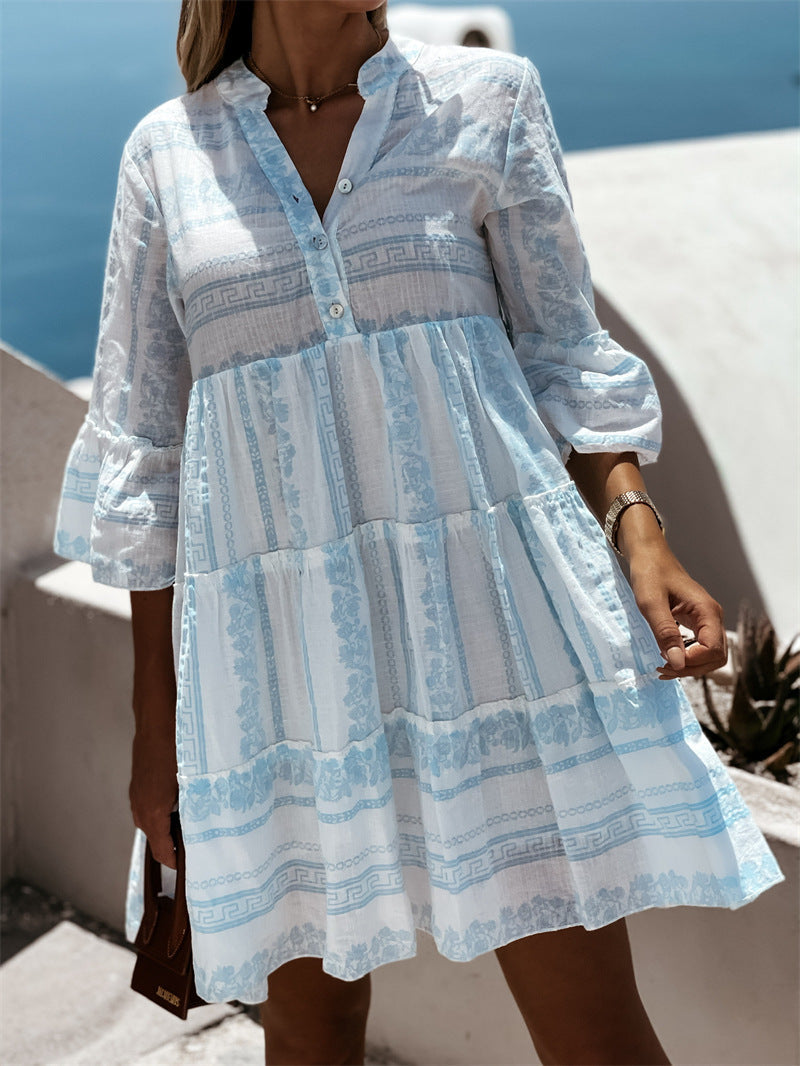 Viviana - Beautiful Airy Boho Ruffle Dress with Cheerful Pattern for Summer