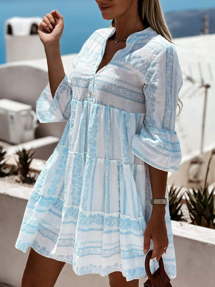 Viviana - Beautiful Airy Boho Ruffle Dress with Cheerful Pattern for Summer