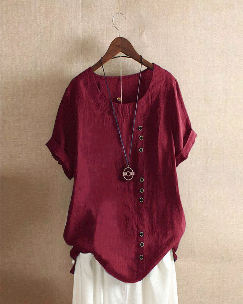 Adriana - Plain Short-Sleeved Blouse with Round Neck and Button Detail