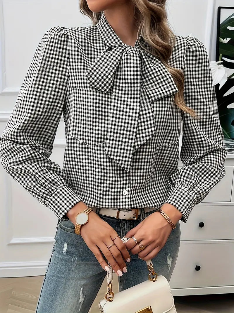 Karen - Charming Cotton Blouse with Bow Tie and Gingham Pattern