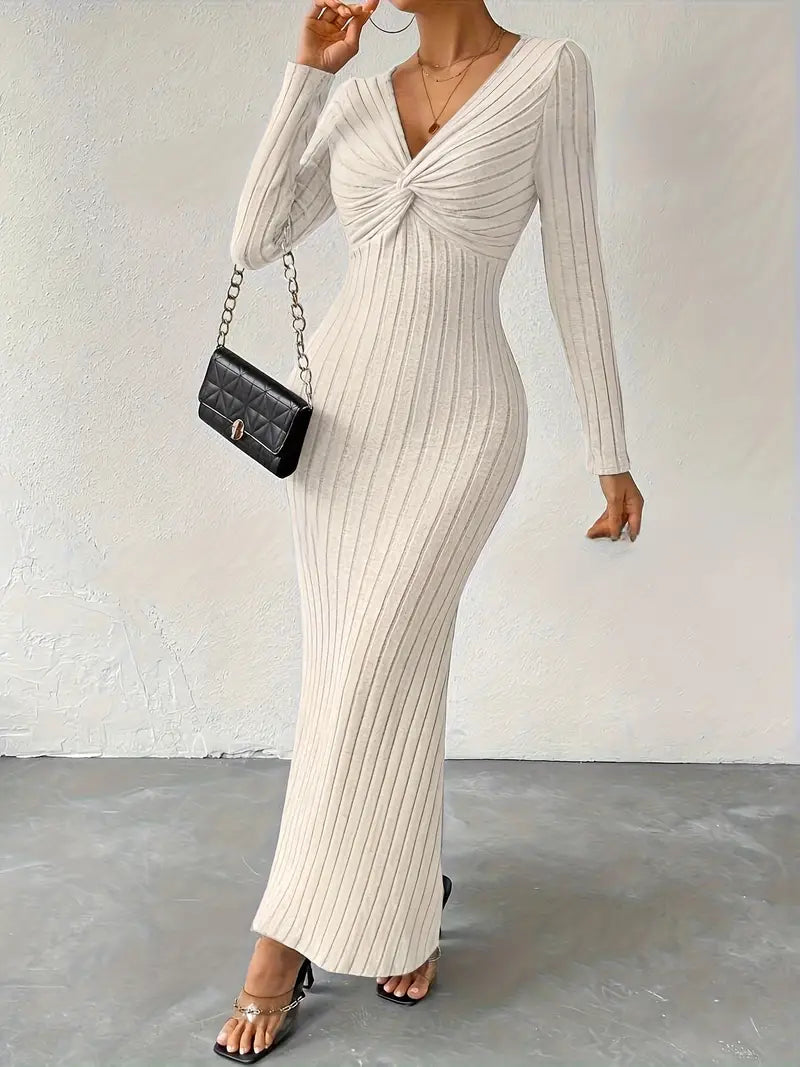 Ottilie - Chic Sexy Knitted Maxi Dress with Twisted Front and Deep V-neck
