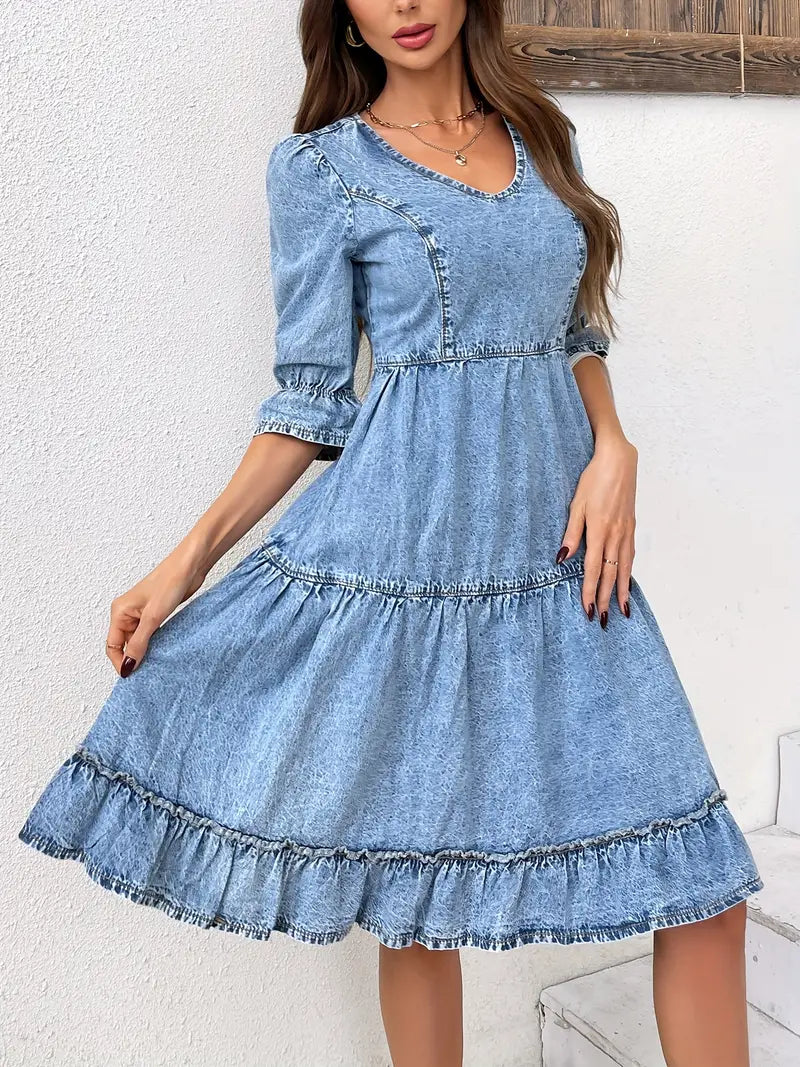 Leocadia - Stylish Casual Denim Dress with V-neck and Tiered Ruffles
