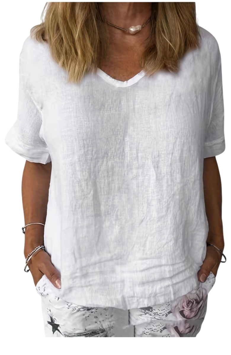 Rahima - Elegant Women's White V-Neck Linen Blouse with Semi-Sheer Quality