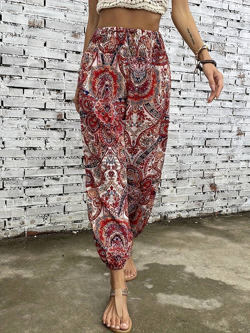 Carra - Stylish Women's Trousers with Gathered Waist and Tribal Print