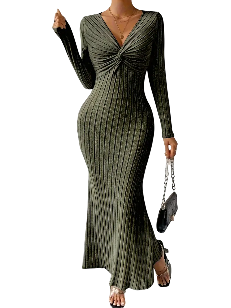 Ottilie - Chic Sexy Knitted Maxi Dress with Twisted Front and Deep V-neck