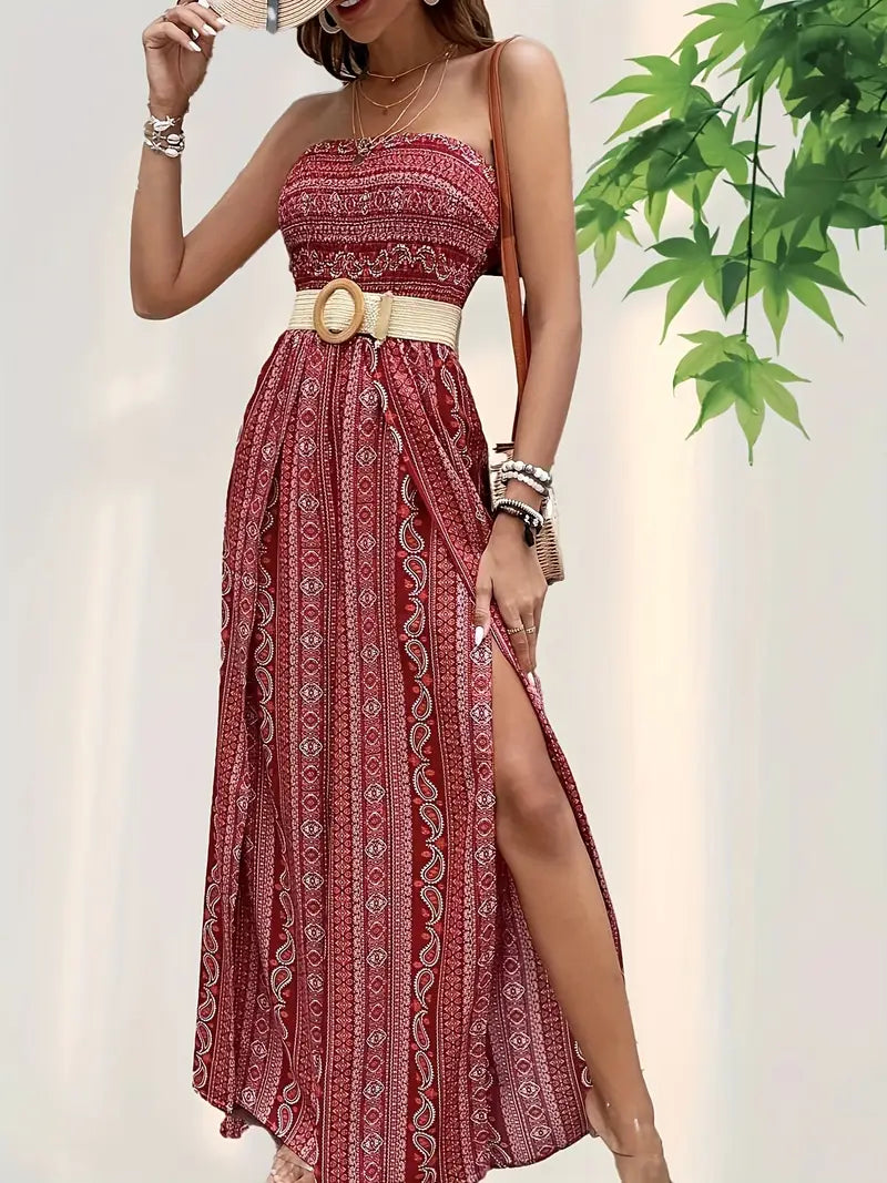 Zella - Bohemian Strapless Wide-Leg Jumpsuit with High Side Slit