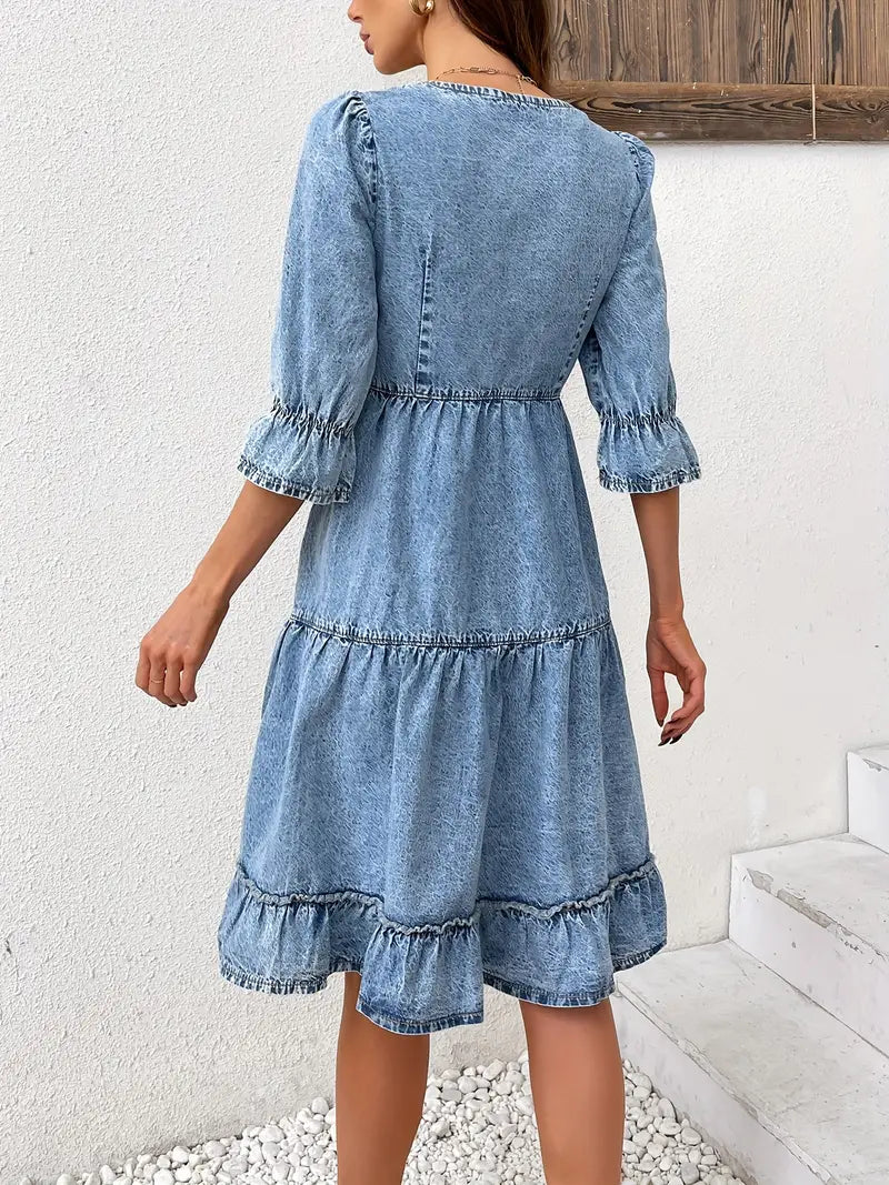 Leocadia - Stylish Casual Denim Dress with V-neck and Tiered Ruffles