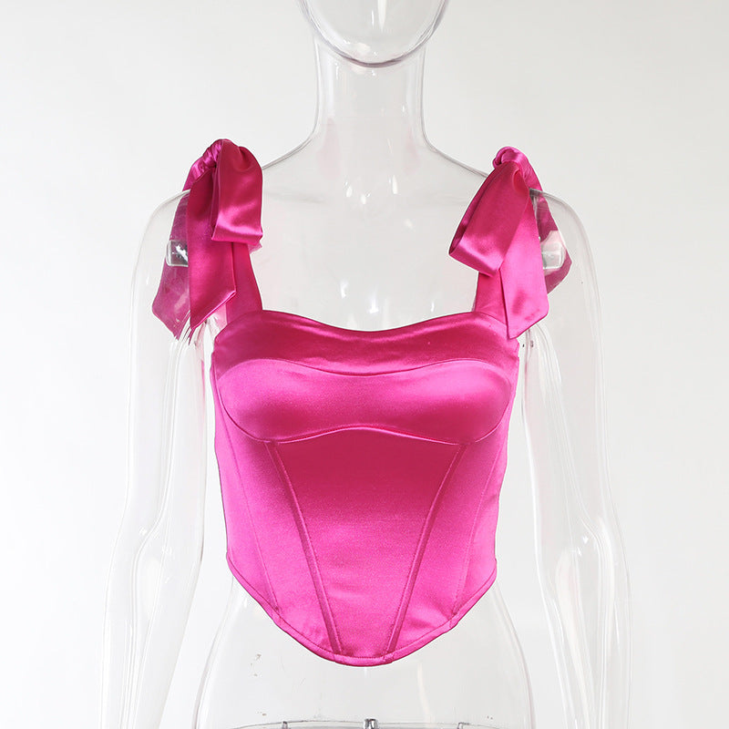 Coralie - Satin Corset Backless Top with Lace and Bow Details