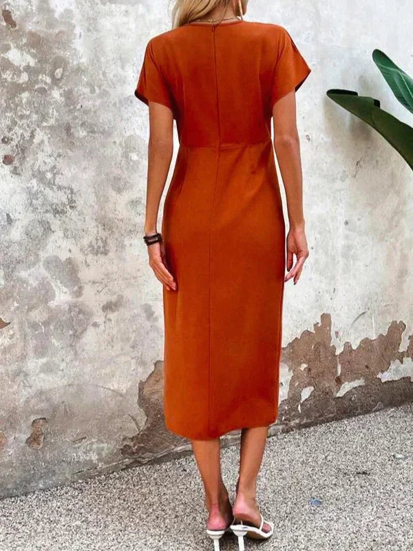 Chael - Elegant Women's V-neck Midi Dress in Vibrant Orange