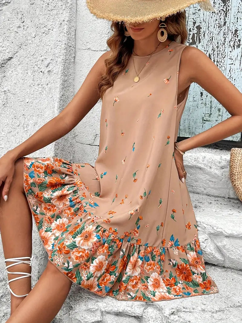 Yvette - Stylish Sleeveless Dress with Floral Ruffle Hem