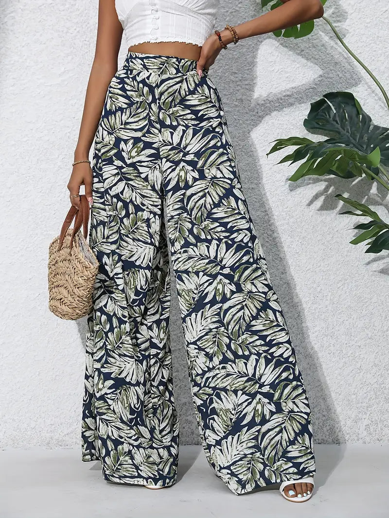 Bridget - Tropical Print Wide Leg Trousers for Effortless Chic Style