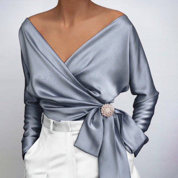 Cosette - Elegant V-neck Satin Blouse with Stylish Bow Detail