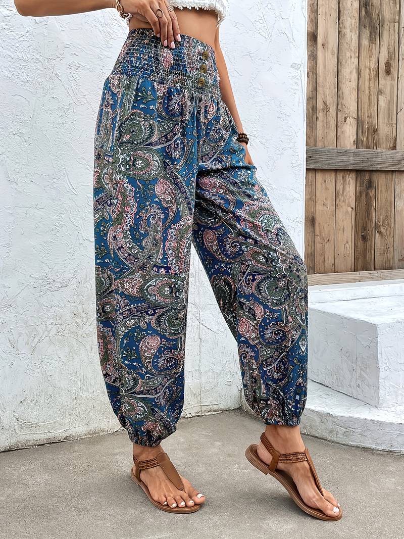 Carra - Stylish Women's Trousers with Gathered Waist and Tribal Print