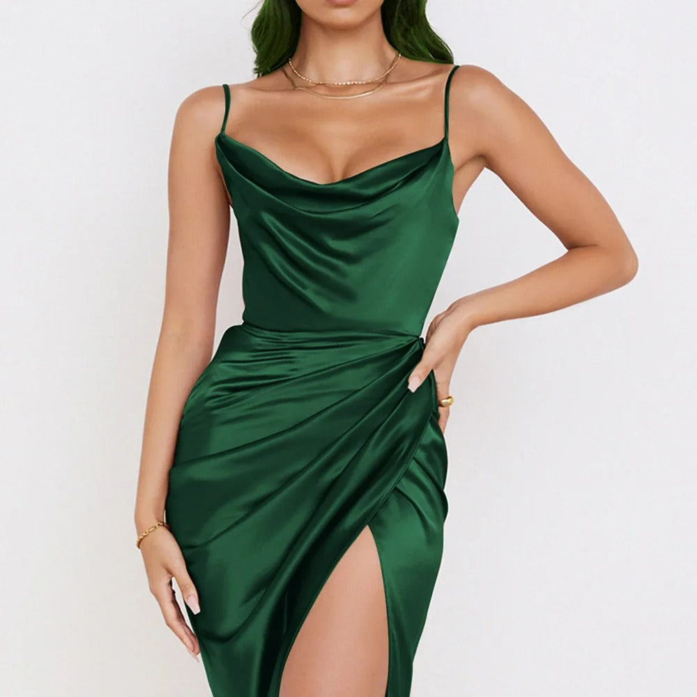 Linley - Stylish Satin Dress with Flounces and Narrow Straps