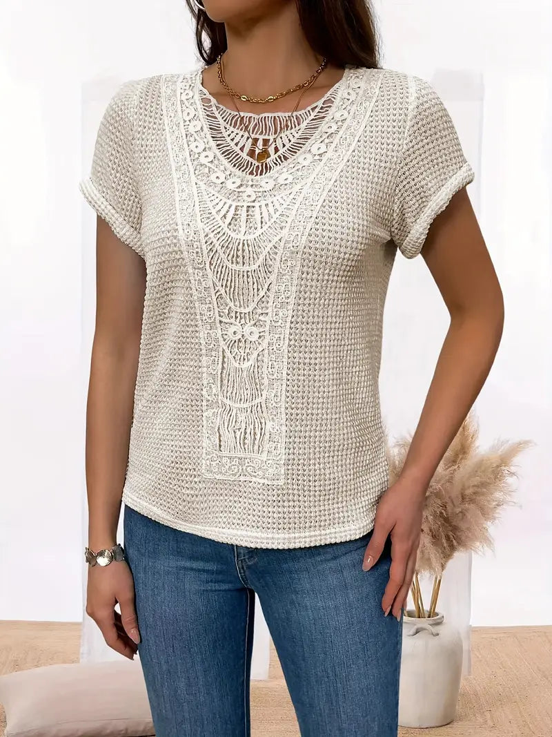 Bella - Stylish Crochet Knit Top with Vintage Charm and Lace Trim