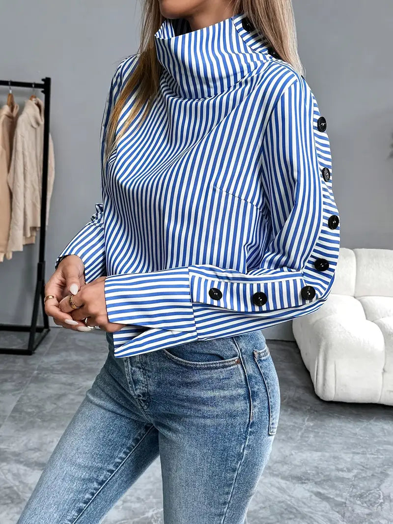 Kathleen - Stylish Striped Blouse with High Collar and Button Cuffs