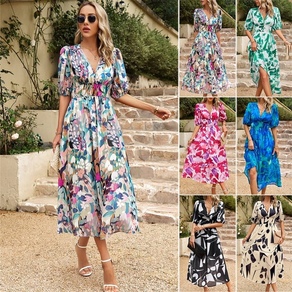 Aveline - Elegant Printed V-neck Dress for Timeless Sophistication
