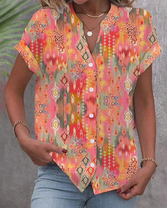 Tyriana - Elegant Women's Blouse with V-neck and Short Sleeves