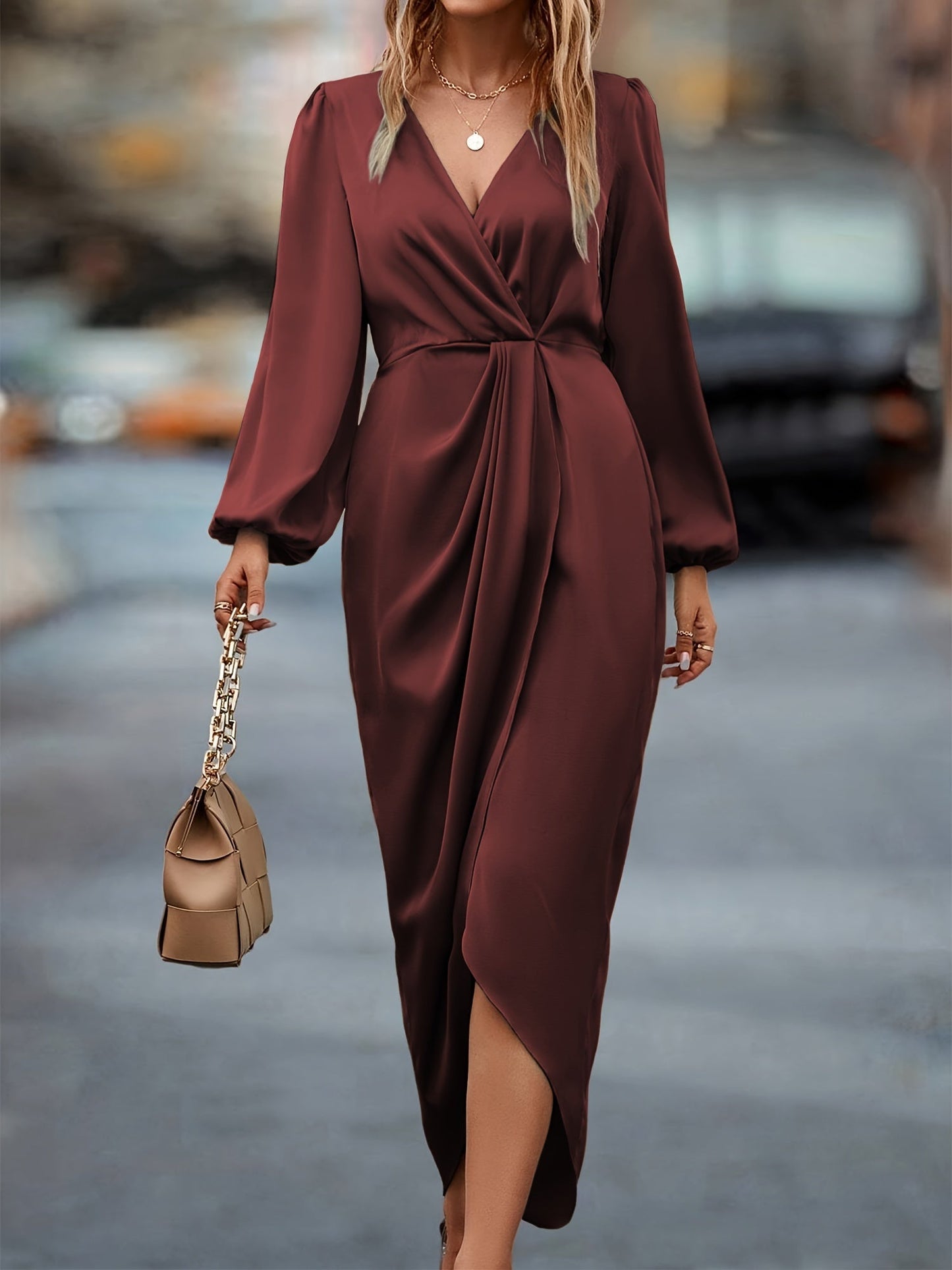 Magdalena - Elegant Women's Wrap Midi Dress With Ruched Waist