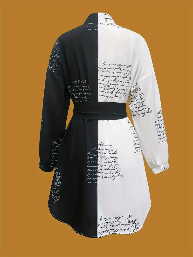 Cassandra - Artistic Black and White Button-Front Dress with Unique Lettering Print