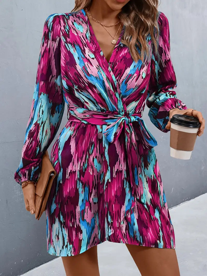 Jane - Colorful Long-sleeved Wrap Dress with Adjustable Waistband