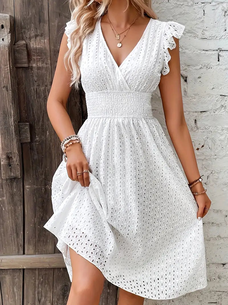 Carlie - Elegant Women's Ruffle Dress with Cinched Waist and Charming Neckline