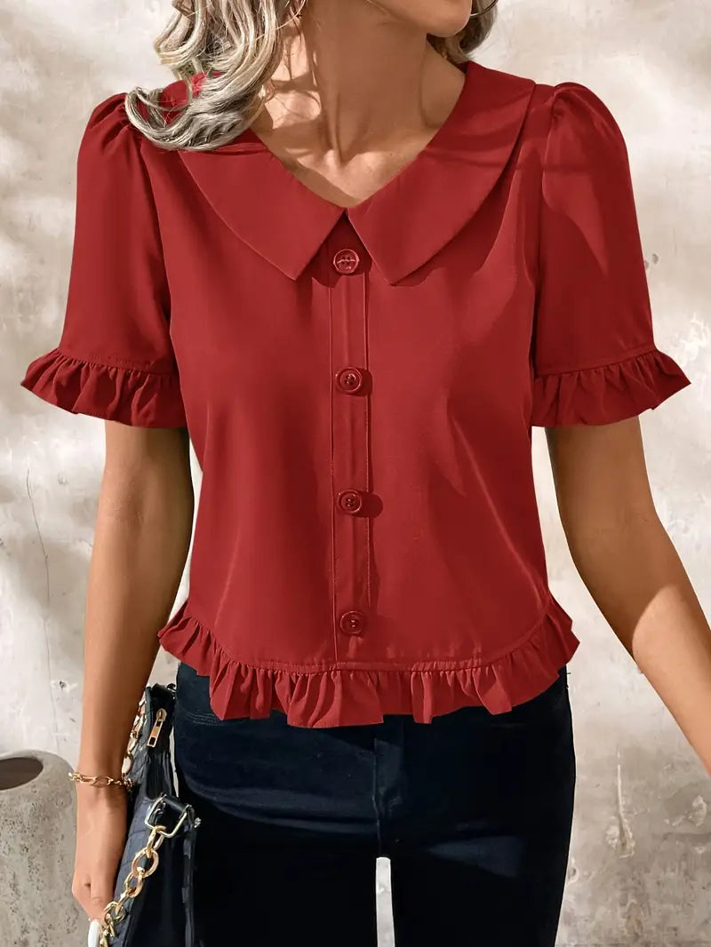 Diana - Elegant Blouse with Ruffle Trim and Button Front