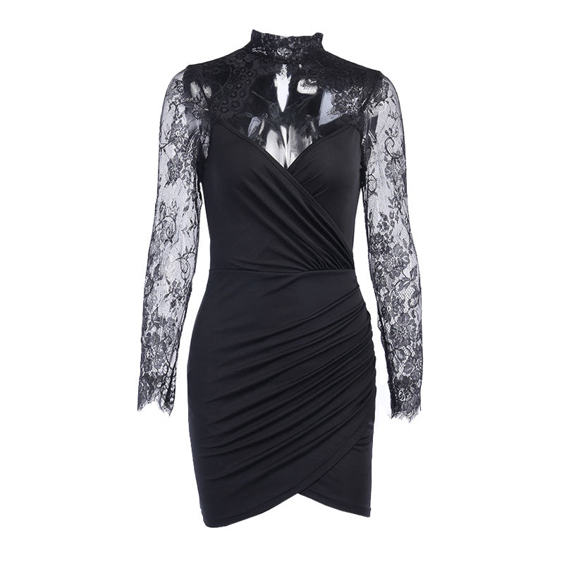 Ansley - Elegant Black Mini Dress with Lace Trim and High Collar
