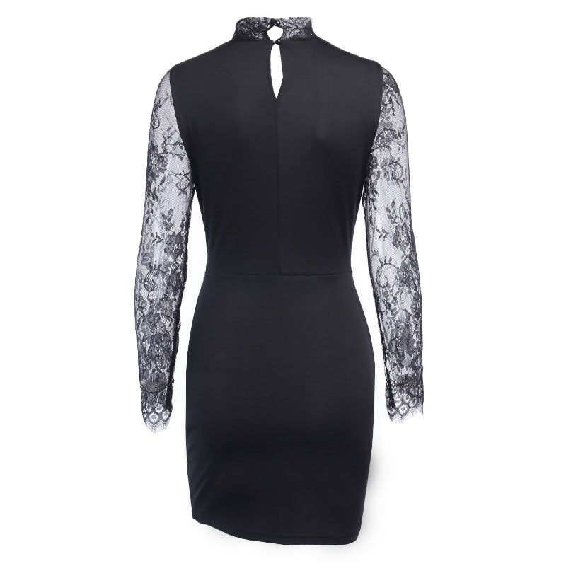 Ansley - Elegant Black Mini Dress with Lace Trim and High Collar