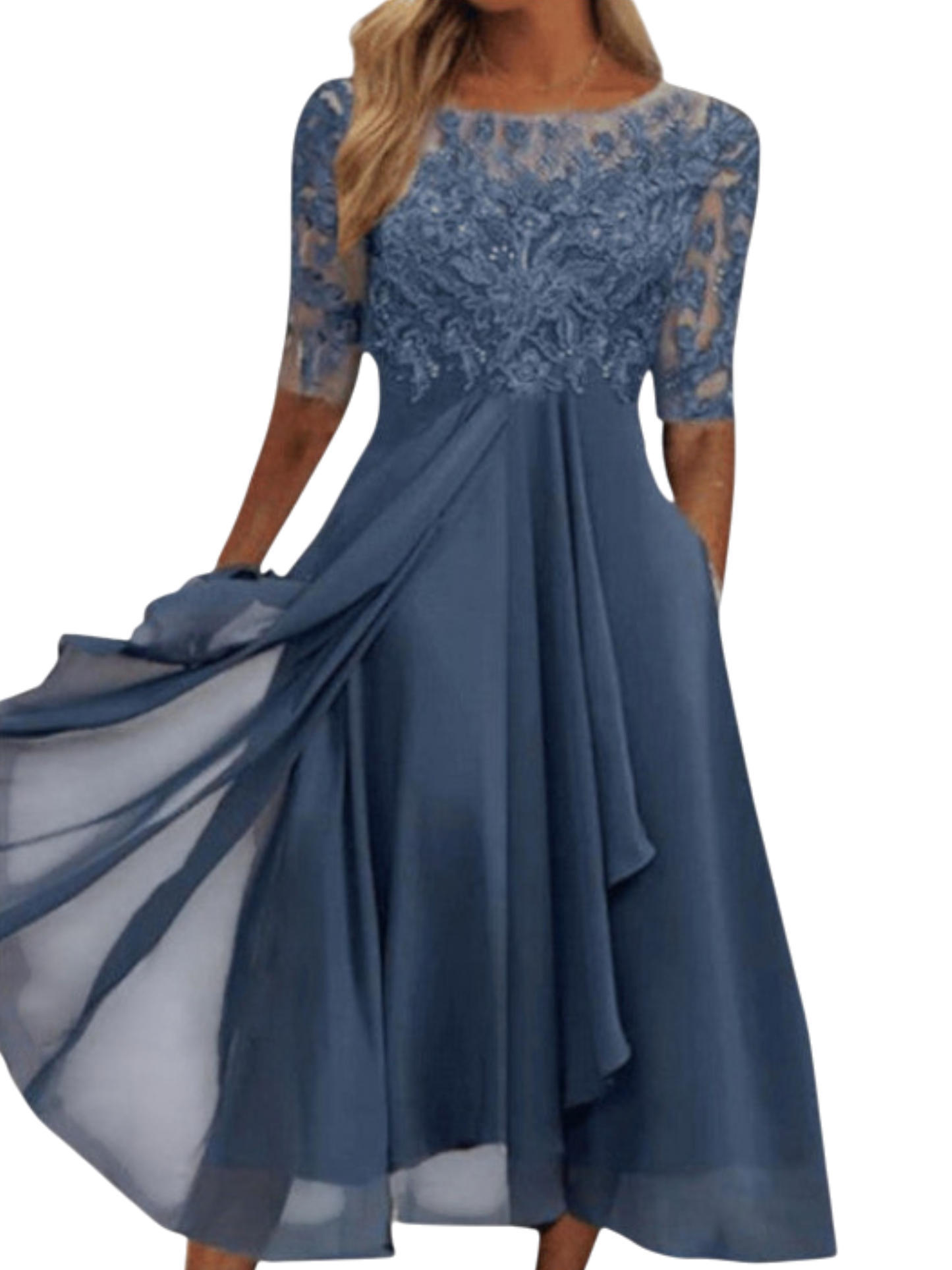 Nessie - Elegant Midi-Length Wedding Guest Dress with Embroidered Bodice