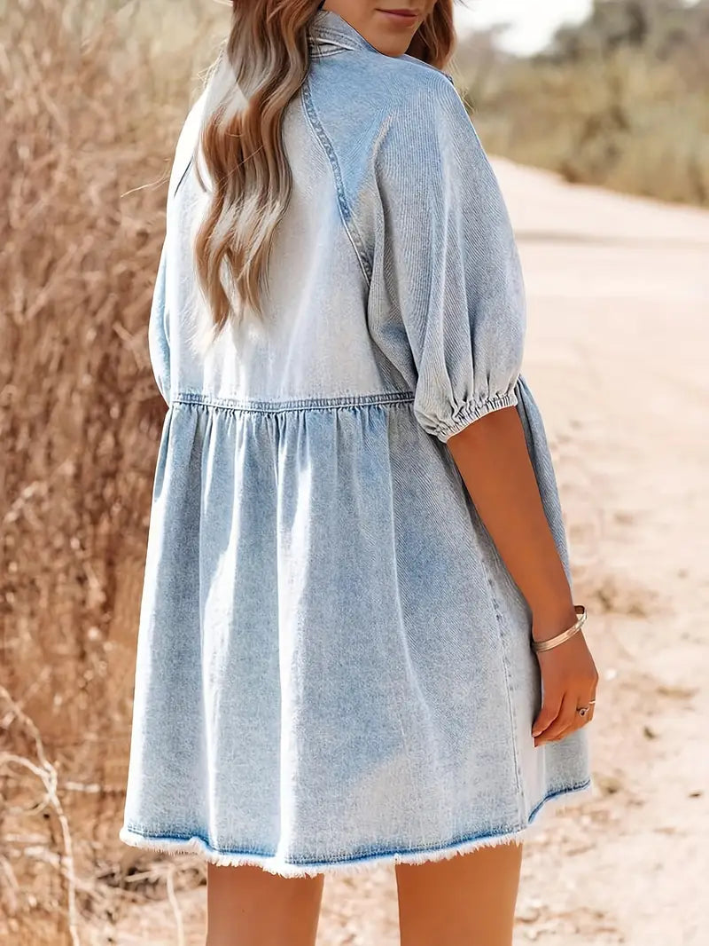 Darina - Stylish Cotton Denim Mini Dress with Puff Sleeves
