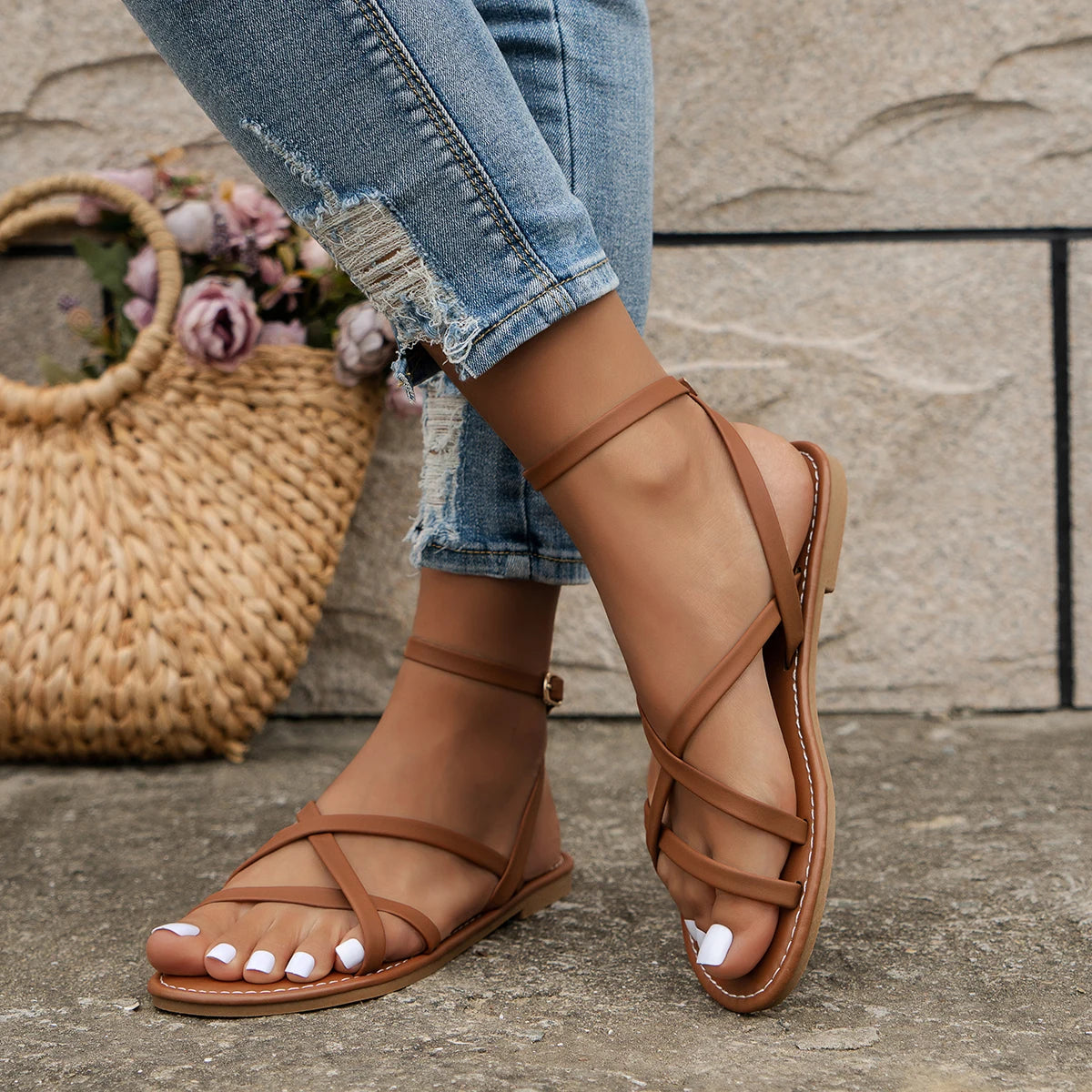 Colette - Women's Strappy Roman Sandals With Back Zipper