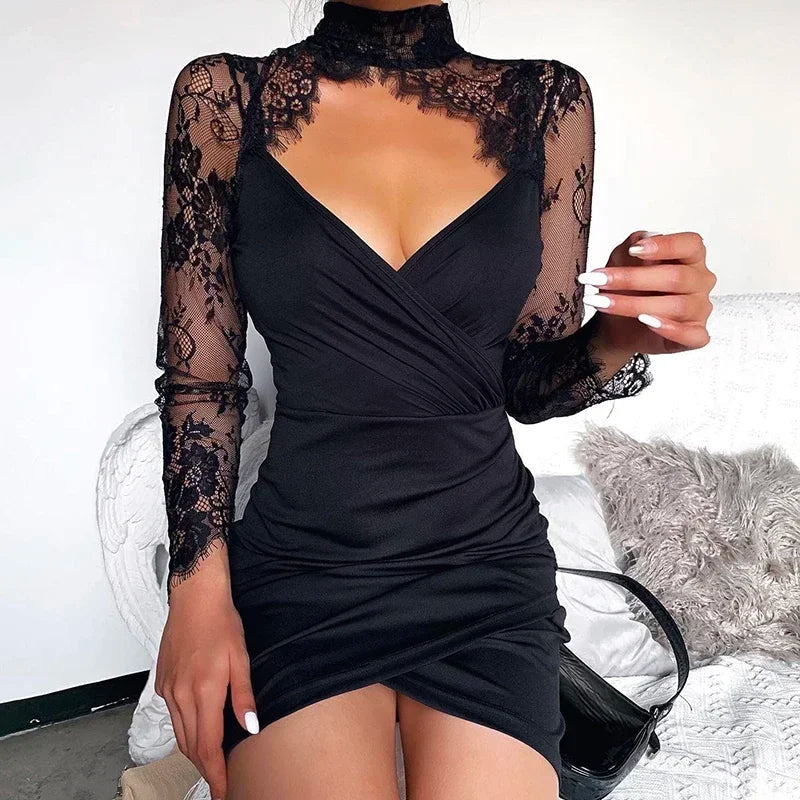 Ansley - Elegant Black Mini Dress with Lace Trim and High Collar