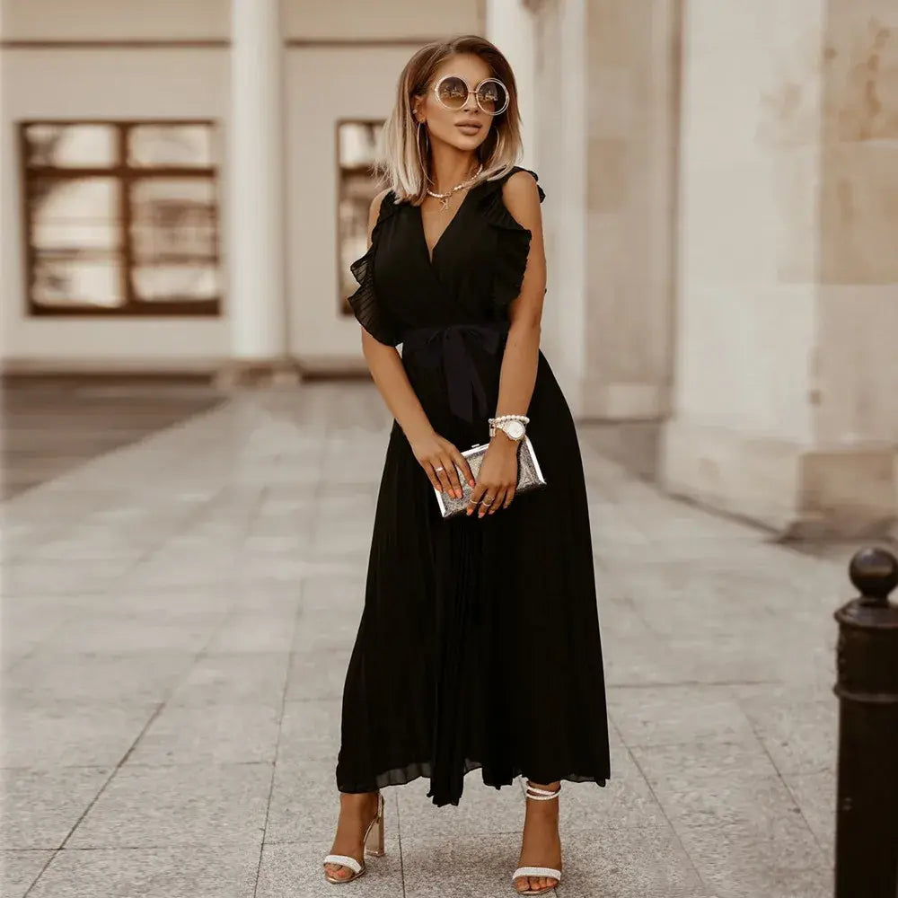Sybil - Elegant Women's Maxi Ruffle Dress With Belt