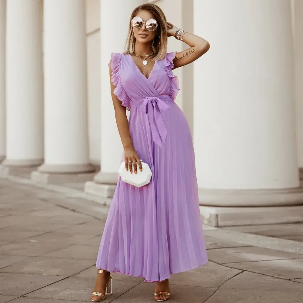 Sybil - Elegant Women's Maxi Ruffle Dress With Belt