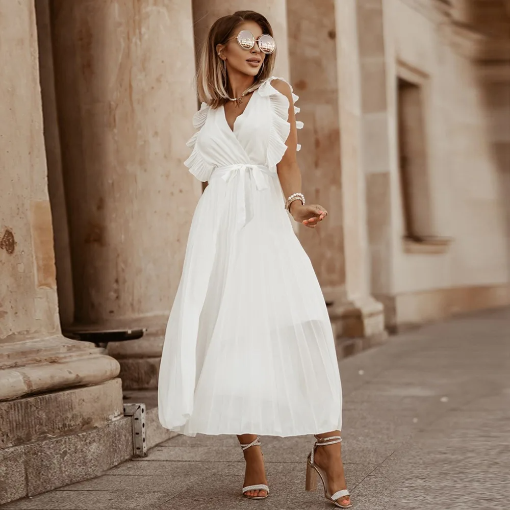Sybil - Elegant Women's Maxi Ruffle Dress With Belt