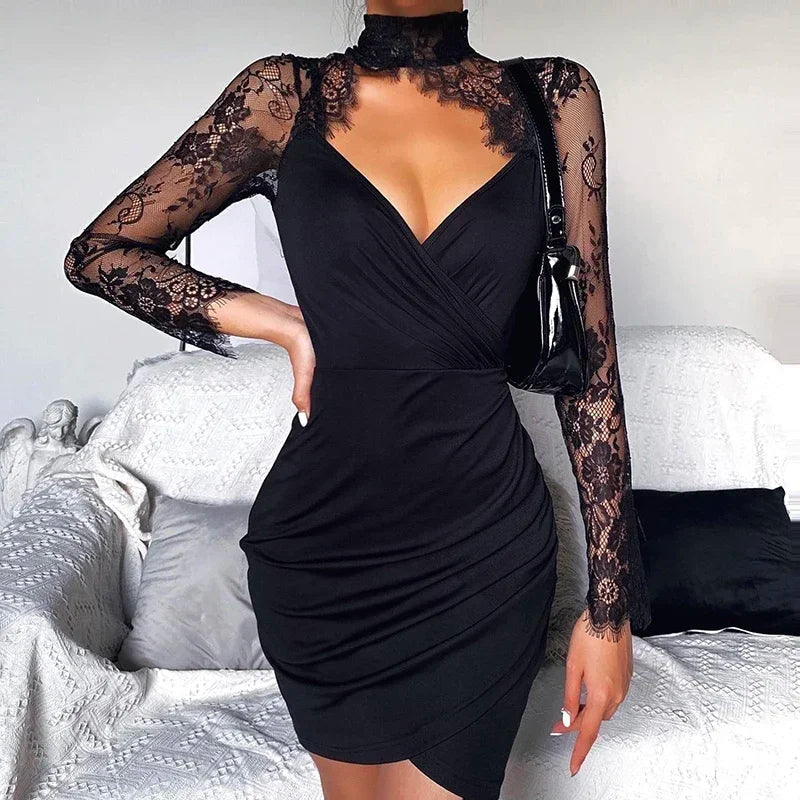 Ansley - Elegant Black Mini Dress with Lace Trim and High Collar