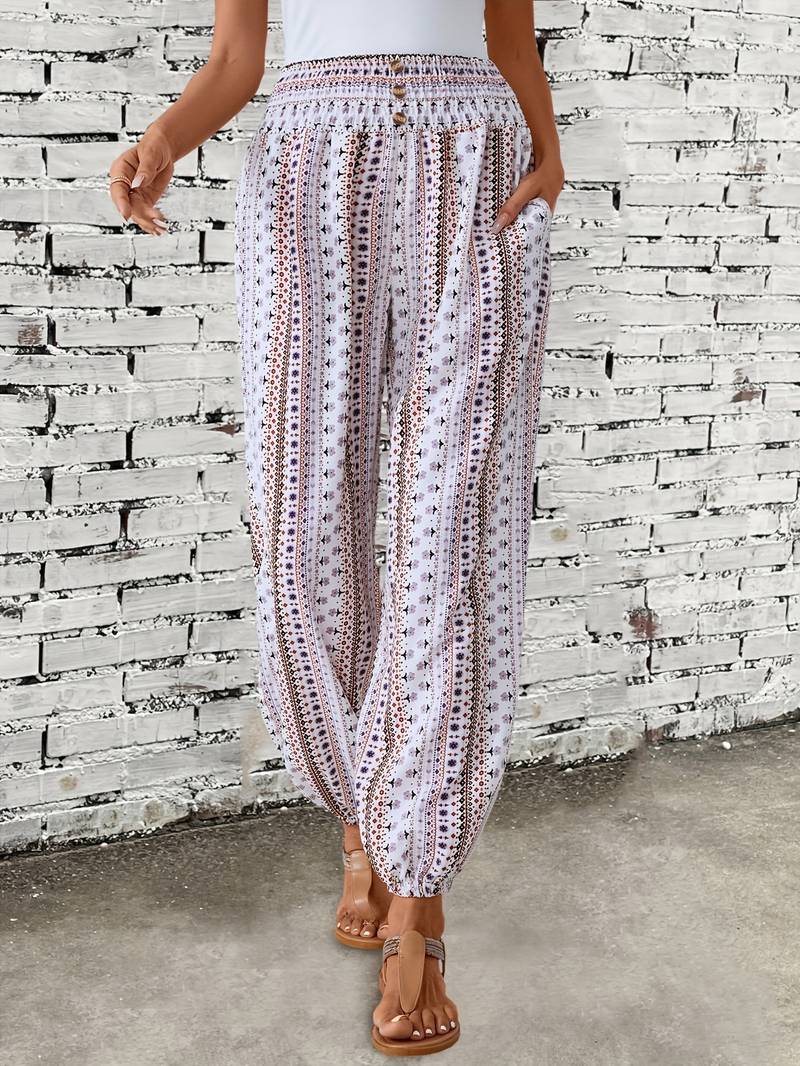 Carra - Stylish Women's Trousers with Gathered Waist and Tribal Print