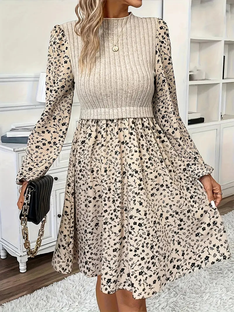 Kathryn - Elegant Floral Dress with Ribbed Bodice and Chiffon Sleeves