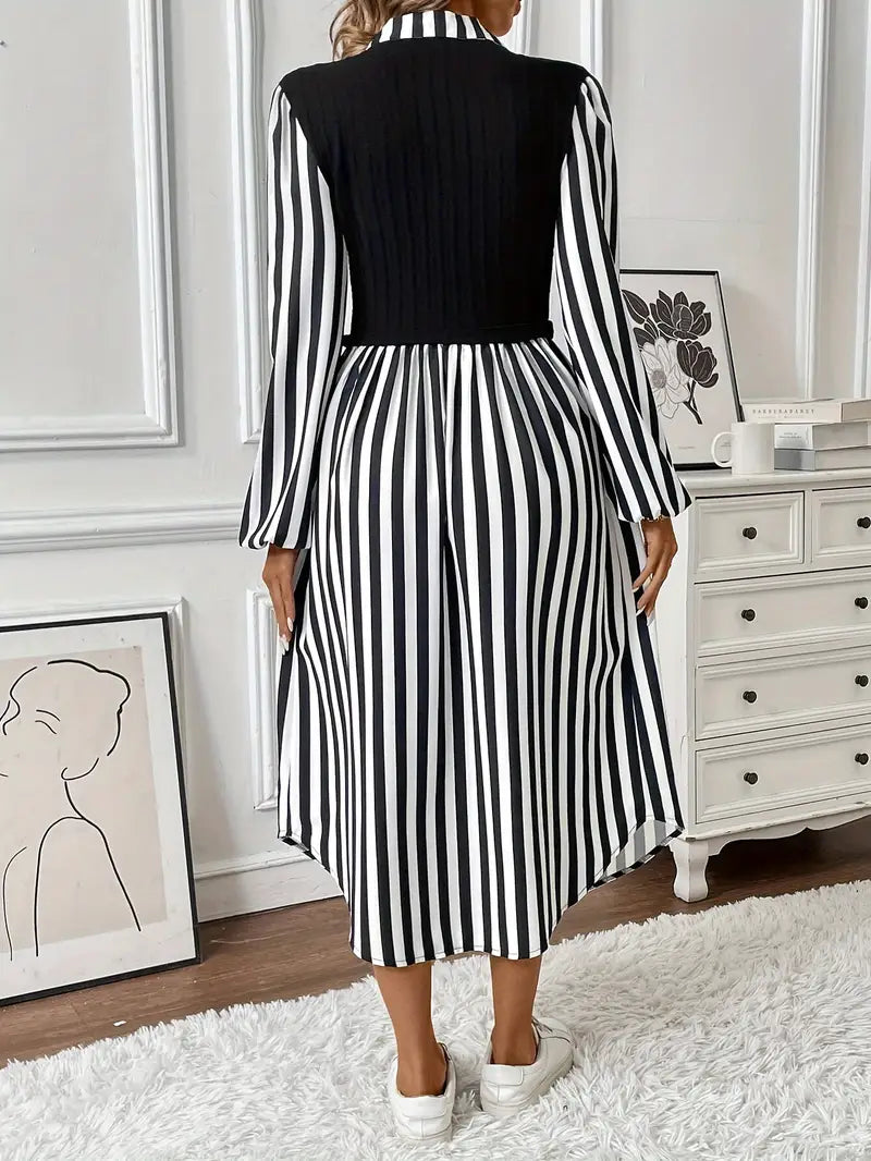 Candice - Elegant Striped Midi Dress with Collared Neckline and Long Sleeves